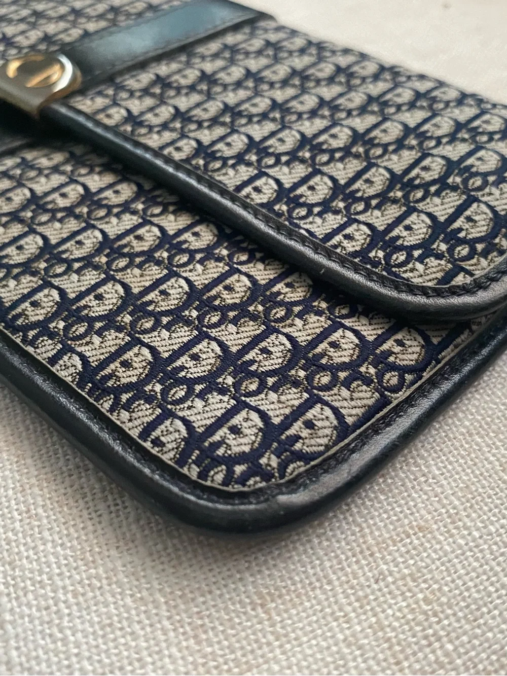 Vintage Christian Dior Clutch Wallet EUC Strap Added Navy Canvas/Leather Bag